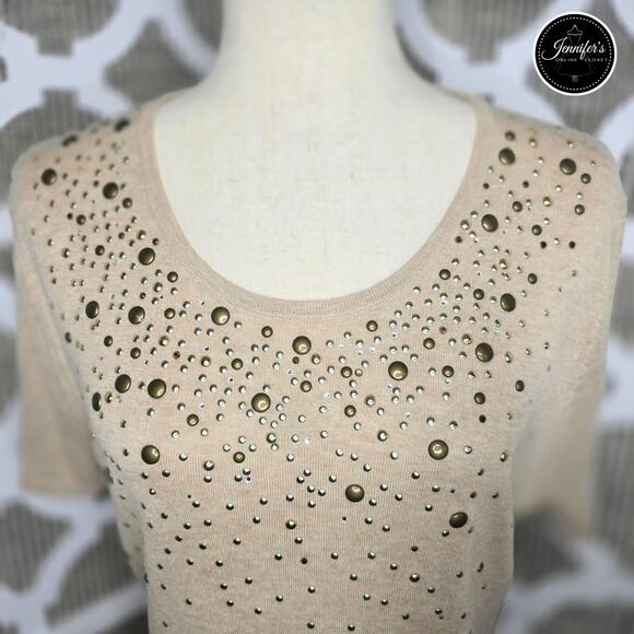 Adrienne Vittadini Tan Silk Blend Gold Studded Short Sleeve Sweater Size L - Picture 3 of 10